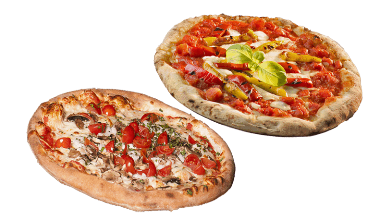 dos pizzas medianas con tomate y albahaca