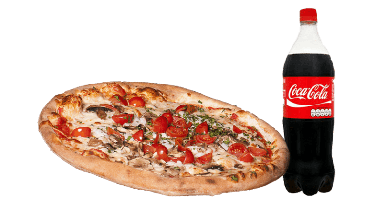 una gran pizza familiar junto a una fria botella de coca-cola