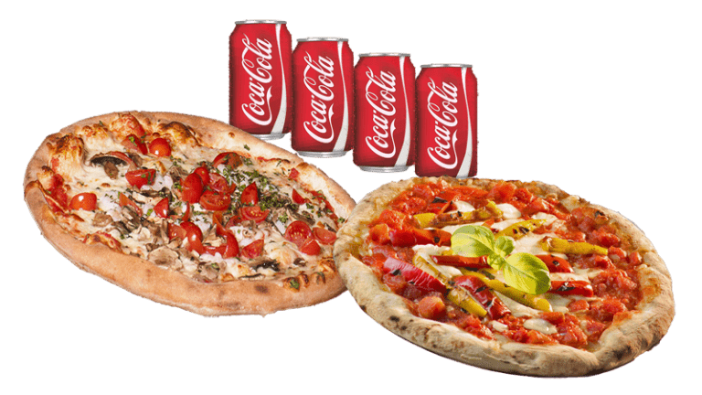 dos pizzas medianas acompañadas de cuatro latas de coca-cola