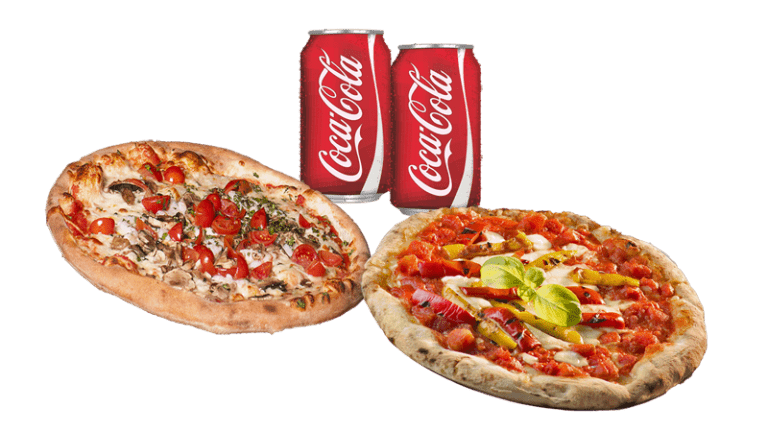 dos deliciosas pizzas acompañadas de dos refrescos bien frios